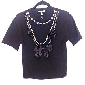 PASTEL COLLECTIONS BLACK BOW AND ROSETTE T-SHIRT W/ PEARL & CRYSTAL NECKLACE
